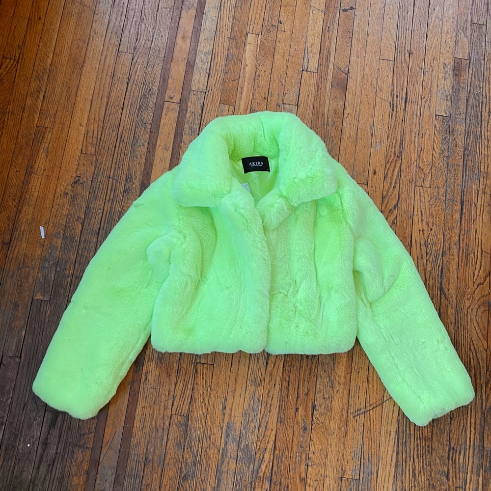 Neon Yellow Cropped Fur Jacket